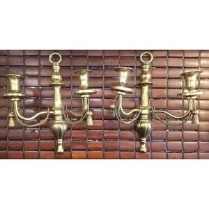 Pair of Brass 2 Candle Sconce Candleholder Set Ornate w/ Tassels 12"x9.5"x4"
